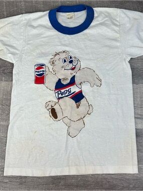 Vintage Pepsi Bear Ringer T Shirt Kids L 14-16 USA 1980's Single Stitch Promo